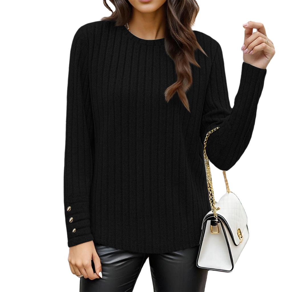 Women's Round Neck Plus Size Solid Color Casual Fashion Long Sleeve Button Top