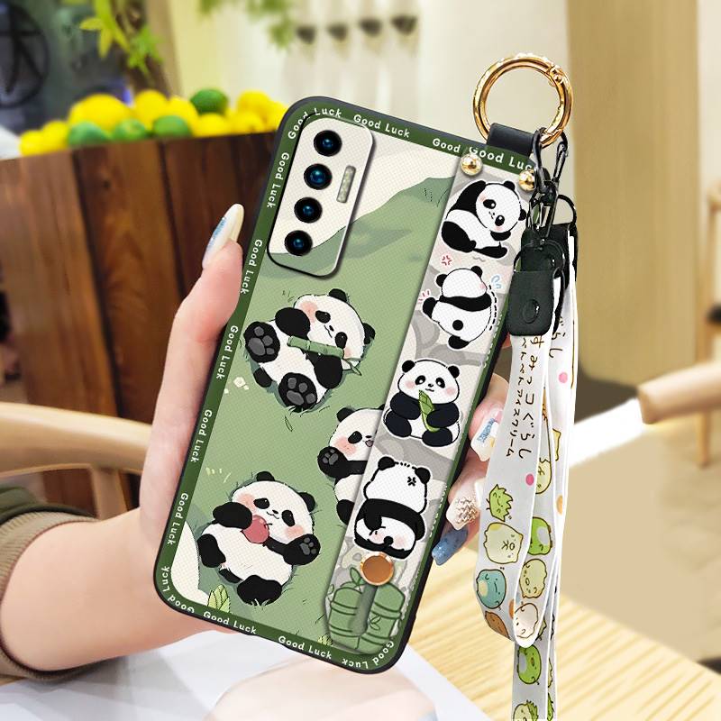 Fashion Design Cute Phone Case For Tecno Camon17P Phone Holder Cartoon Back Cover Shockproof Panda Silicone Ring Lanyard