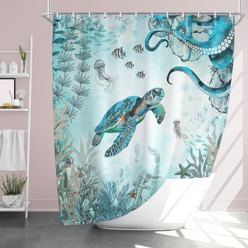 Ocean Theme Shower Curtain – Sea Turtle, Octopus, Jellyfish & Fish Print in Blue Teal, Coastal Bathroom Decor with Hooks