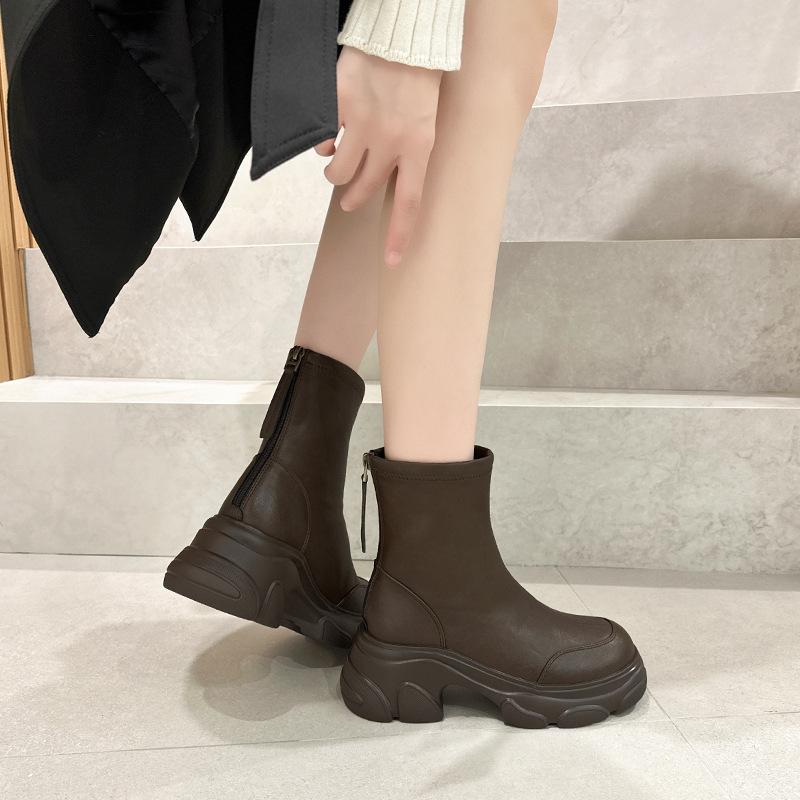 2025 Thick-soled Versatile Muffin High-heeled Elastic New Rear Zipper Short Boots Women's Autumn and Winter Retro Women's Boots Thin Boots