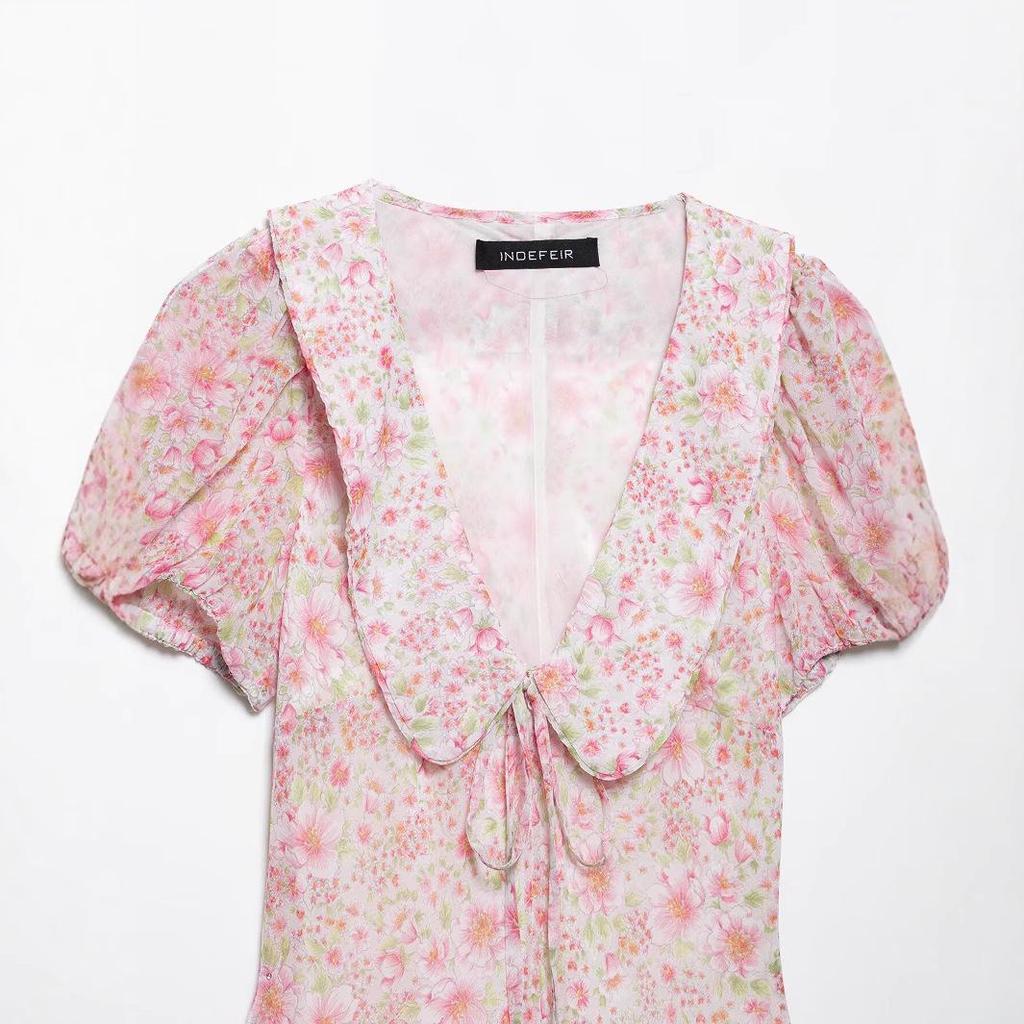 2025 Spring Women's Fashion: European & American Style Printed Short Dress with Round Turn-Down Collar