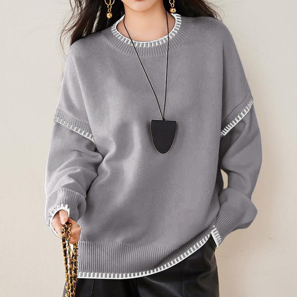 Women's Fashionable Casual Versatile Lazy Style Contrast Round Neck Pullover Long Sleeve Loose Knitted Sweater