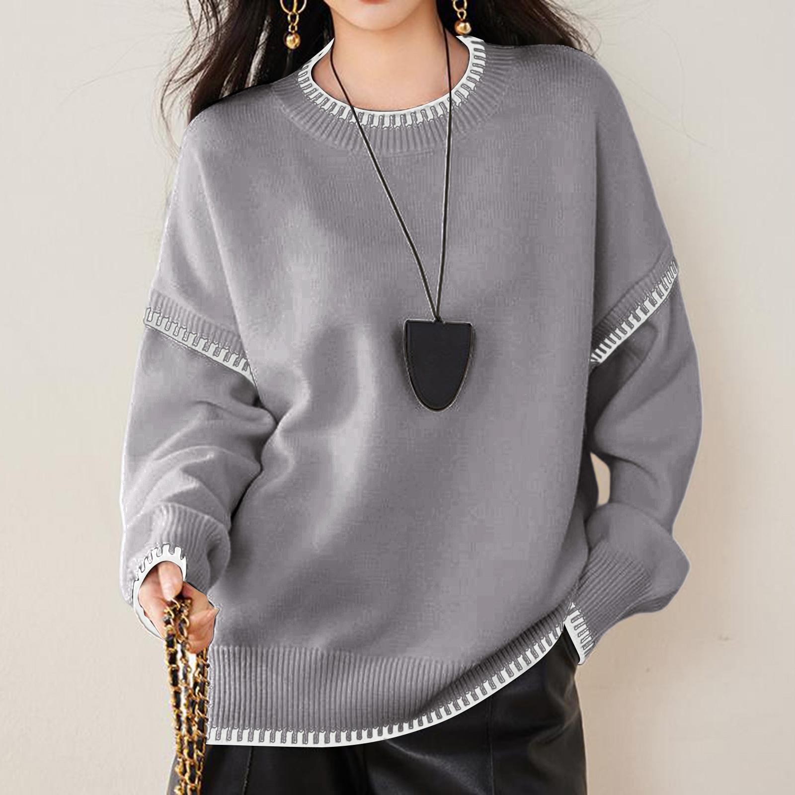 

Женский модный повседневный универсальный ленивый стиль контрастный пуловер с круглым вырезом, длинным рукавом, свободный вязаный свитер M