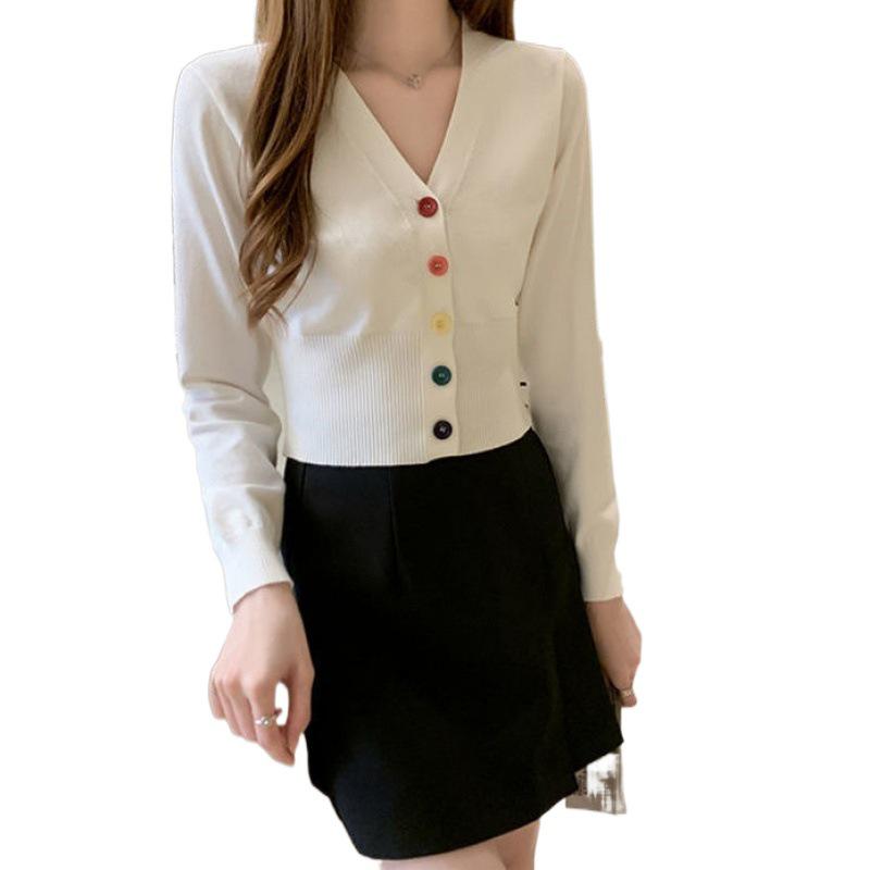 Women's Long Sleeve Slim Knit Cardigan with Colorful Buttons