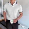Summer Men Lapel Short Sleeve Shirt Striped Trim V-Neck Slim Fit Business Knitting Shirt Tops Elastic Pullover Tops