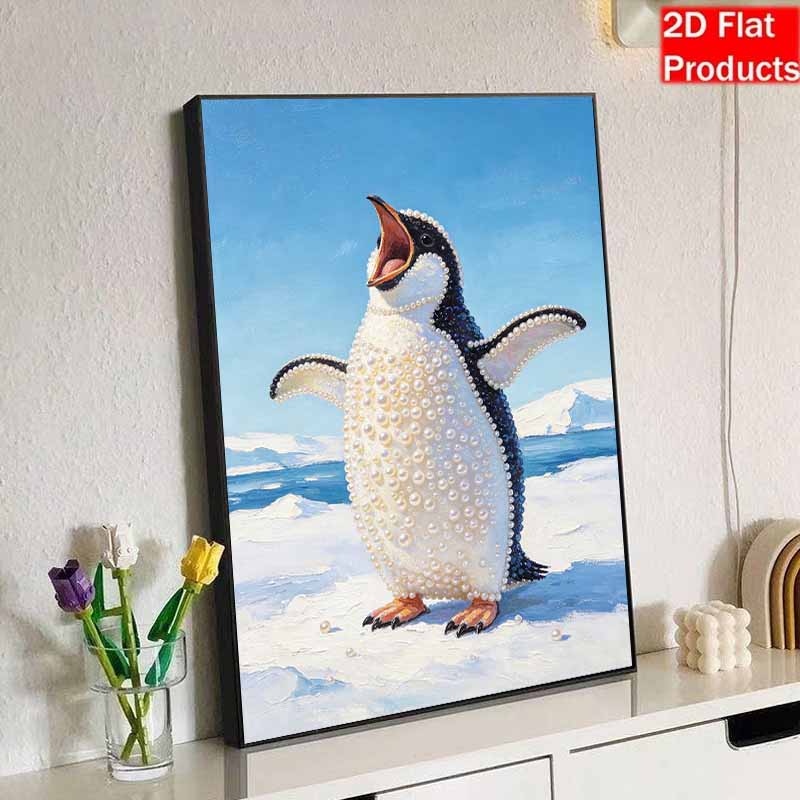Sparkling Pearl Painting on Stretched Frame Cute Penguin Design DIY Bead Art Canvas Relaxing Hobby Gift for Craft Lovers Creative Decor