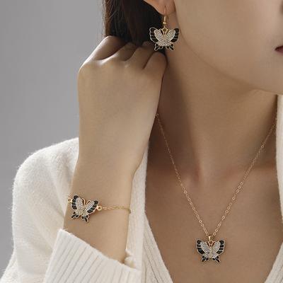 New Drip Point Diamond Butterfly Earrings Necklace Set Fashionable and Simple Three-piece Jewelry