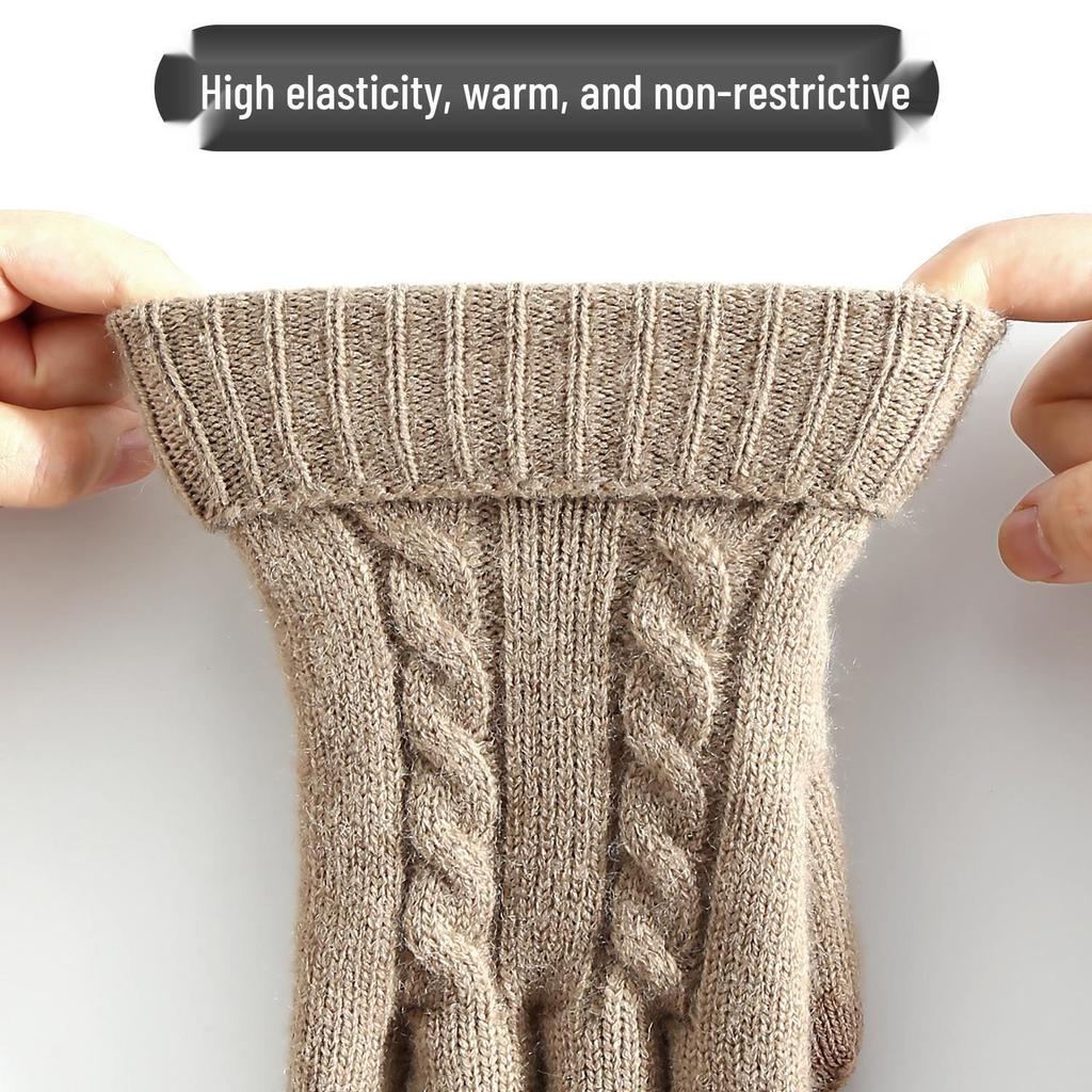 Women's Winter Knitted Touchscreen Gloves - Double-Layer Fleece-Lined, Thick Warm for Outdoor Cycling