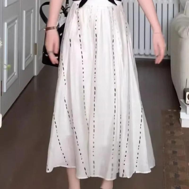 

Women s Vertical Striped Print Maxi Skirt High Waist A-line Linen Skirt S белый