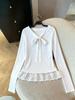 Women's White Lace Trim Bow Long Sleeve Slim Fit 2-in-1 Top for Autumn/Winter