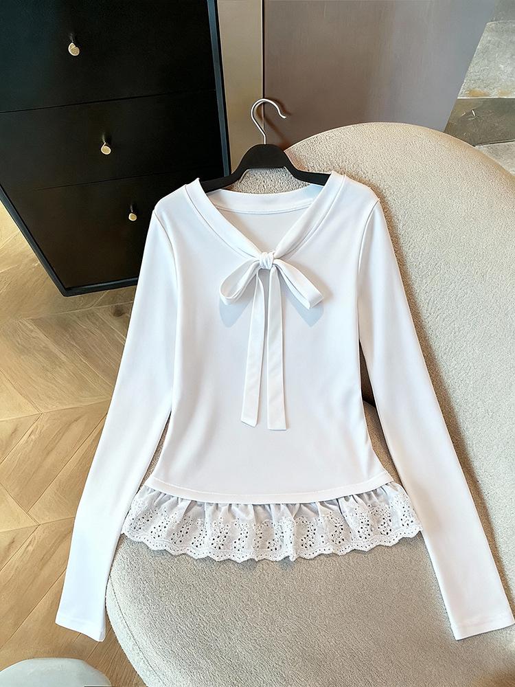 Women's White Lace Trim Bow Long Sleeve Slim Fit 2-in-1 Top for Autumn/Winter