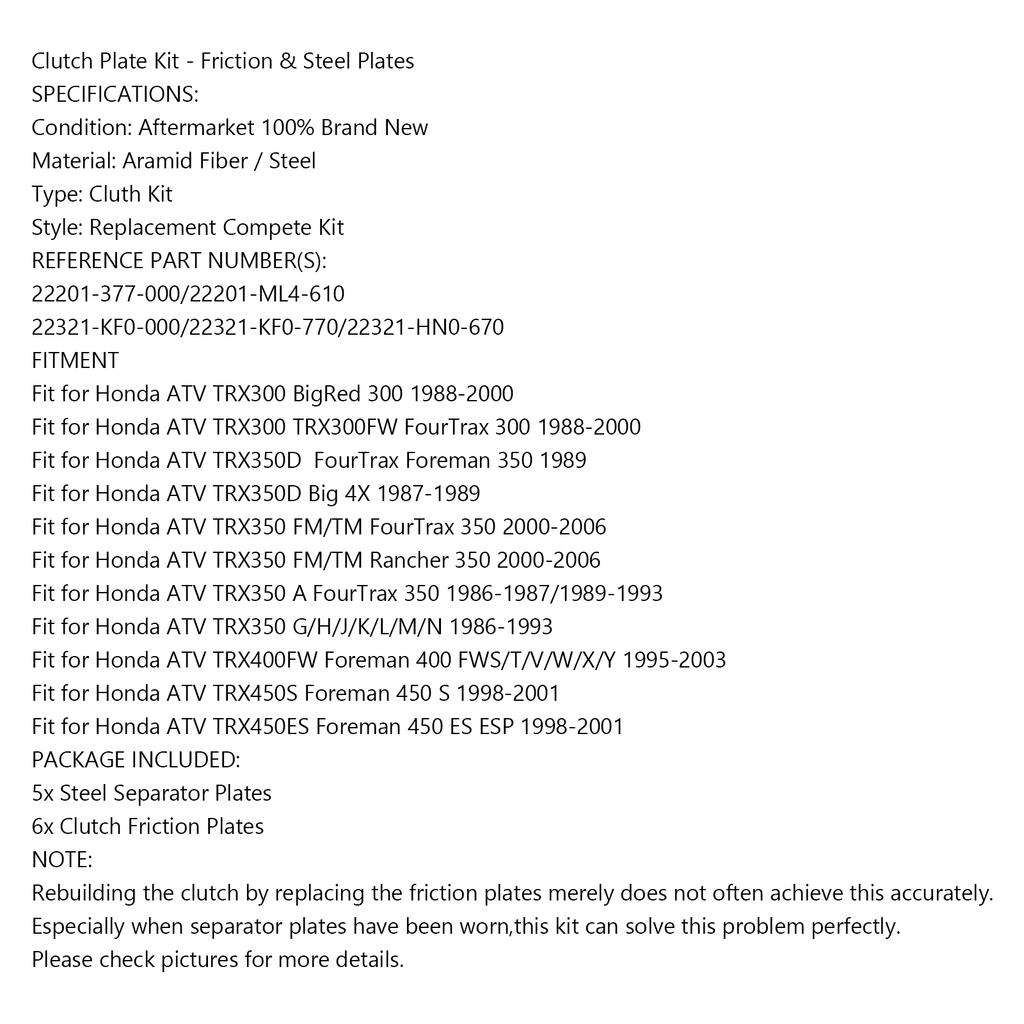 Clutch Kit Iron Friction Plates fit for Honda TRX300 TRX350 TRX400FW TRX450S