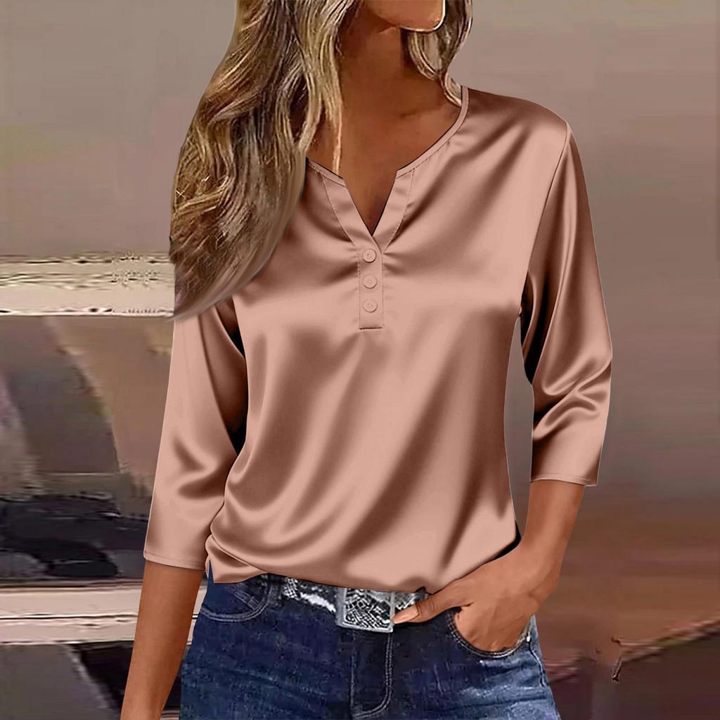 Women's Collar Three-Quarter Sleeve Satin Shirt Top, Lightweight Spring/Summer Top