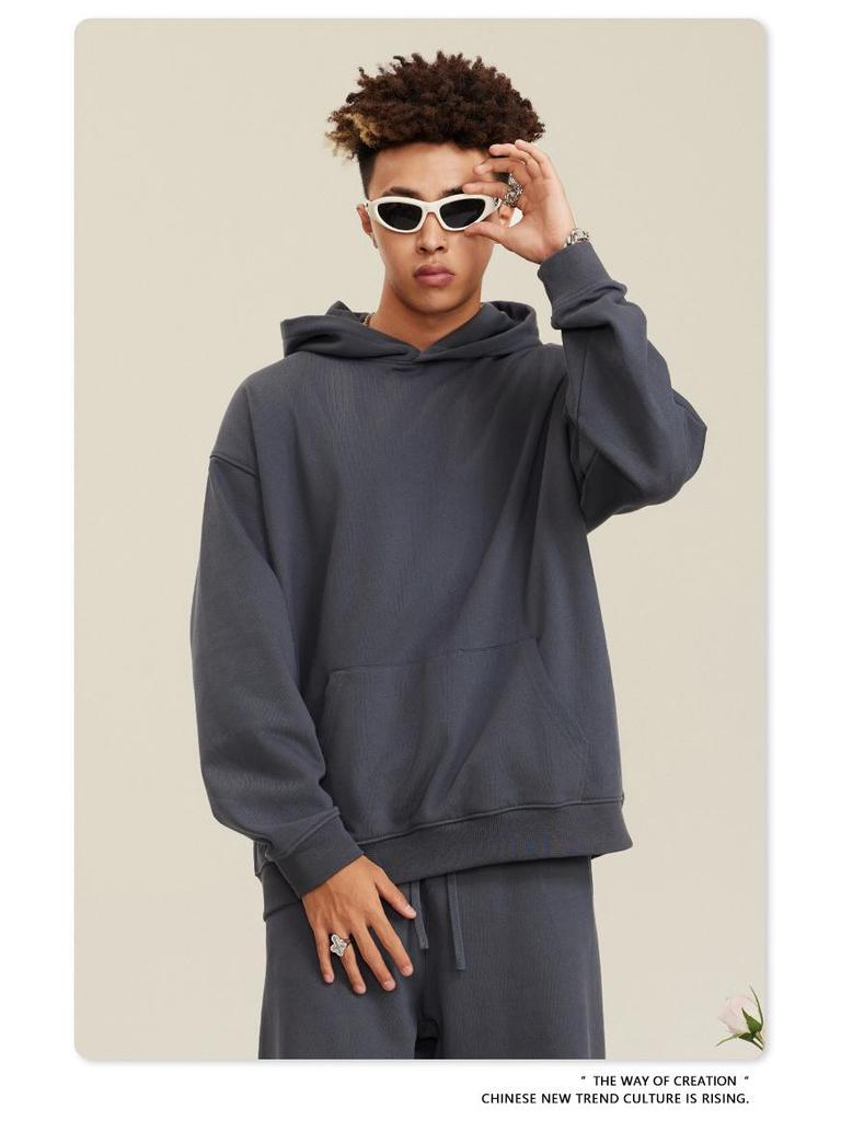 2025 Autumn Men's Basic Heavyweight Terry Cloth Hoodie - Trendy American Brand, Solid Colors, Unisex Design.