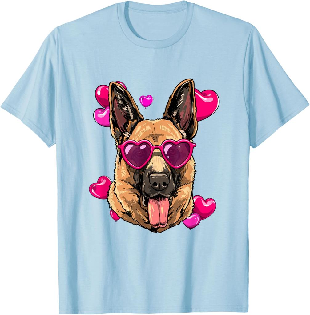 German Shepherd Valentine Heart Glasses Dog Lover Graphic Tee Soft Breathable Short Sleeve T-Shirt