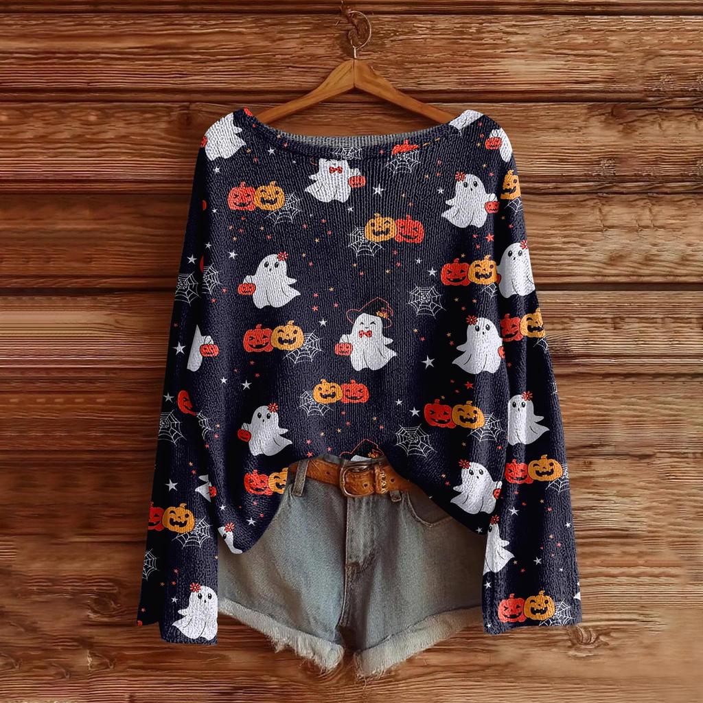 Women's Halloween Sweater, Bohemian Vintage Pattern Print Long Sleeve Knit Pullover