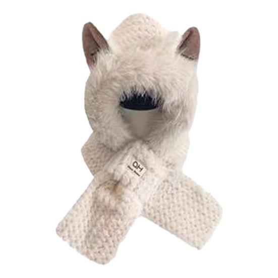 Women Winter Integrated Hat And Scarf Thick Fleece Warm Cartoon Fox Ear Decor Windproof