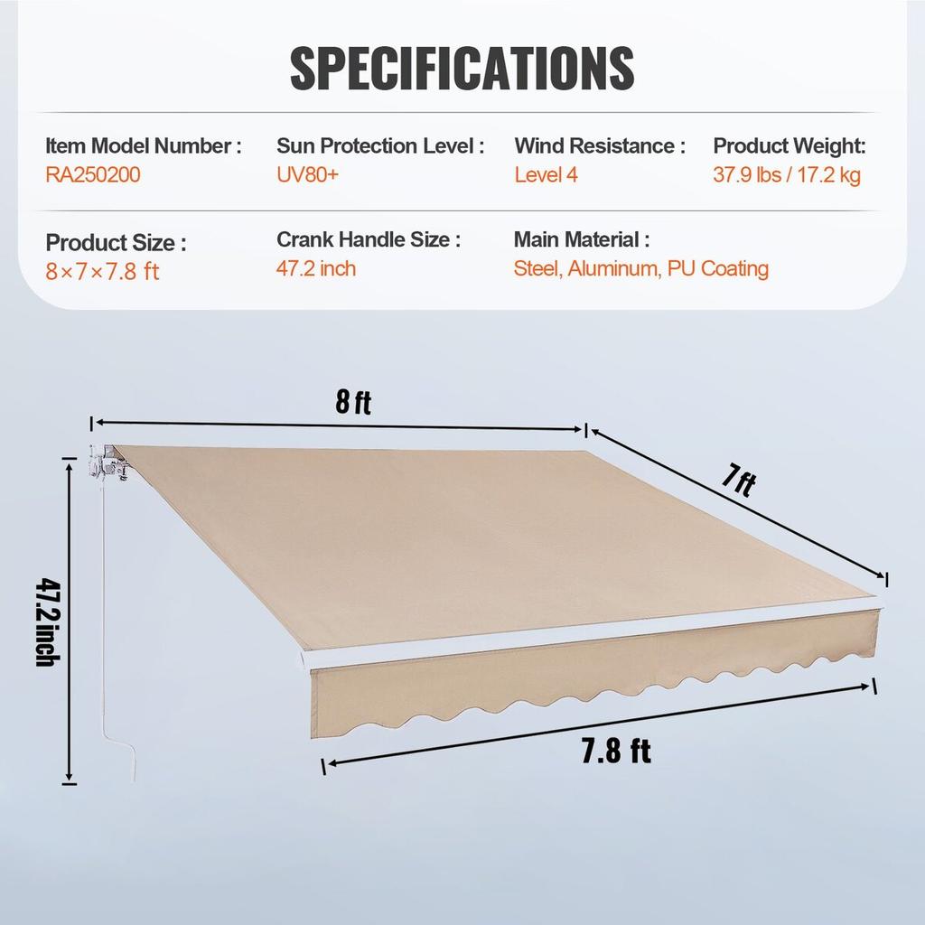 Manual Retractable Awning, 8 X 7 Ft Outdoor Patio Awning Retractable Sun Shade, Water-Resistant Polyester Patio Door Window Awning Sunshade Shelter