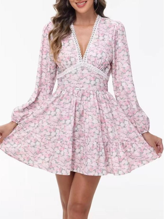 2025 Spring Sweet Print V-neck Lace Short Dress for Women