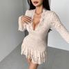 Autumn Winter New Style Lace V-neck Double-layer Ruffled Slim Hip Hugging Dress