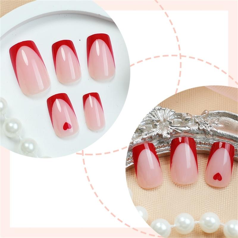 24 Stück Vollabdeckende Aufklebenägel mit Herzdesigns Französische Spitze Falsche Nägel Quadratische Press-On-Nägel Maniküre-Zubehör