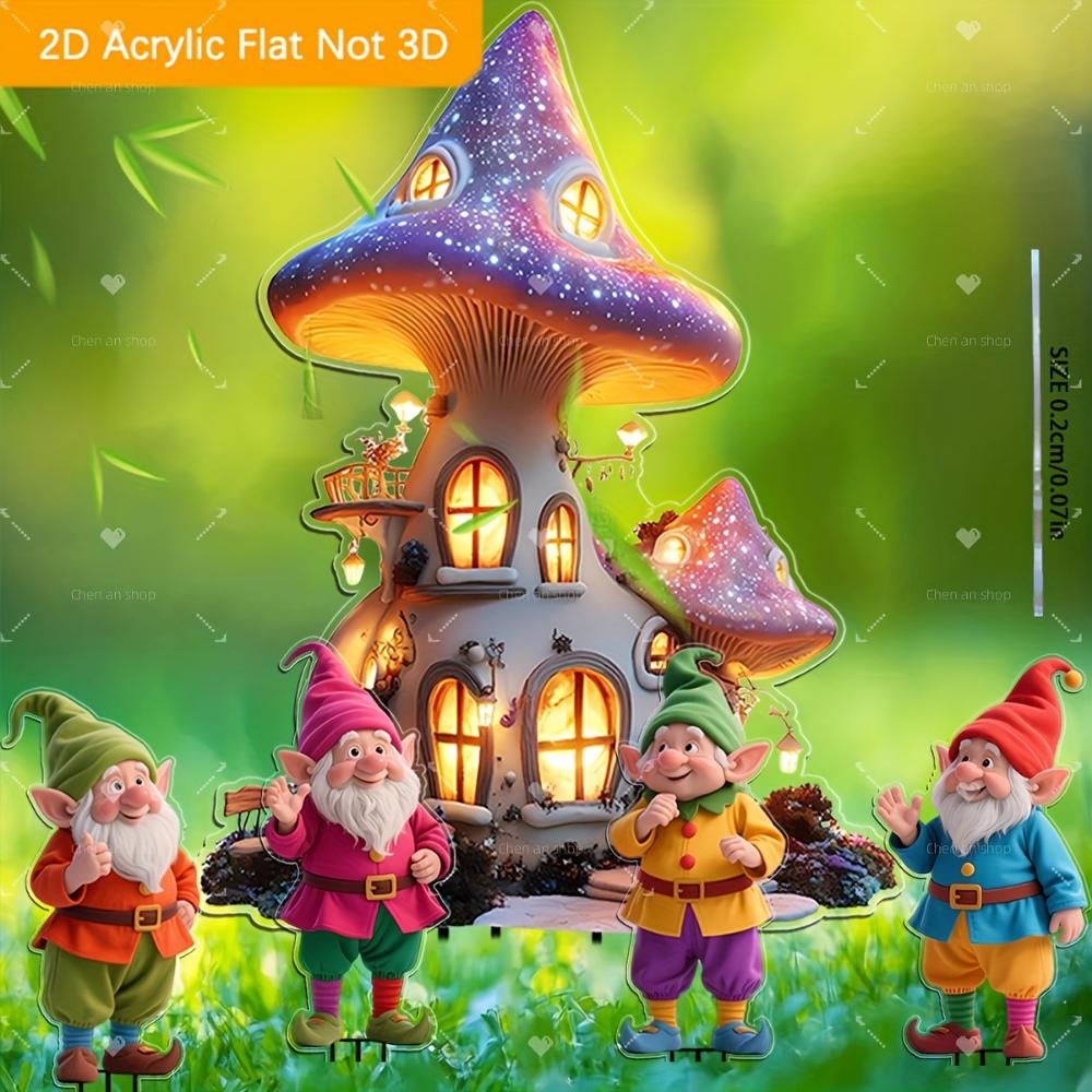 2D Flat 5-piece Fairy Gnome and Dream Mushroom House Acrylic Garden Decoration, Suitable for Gardens, Lawns, Potted Gardens, Perfect Holiday Gifts