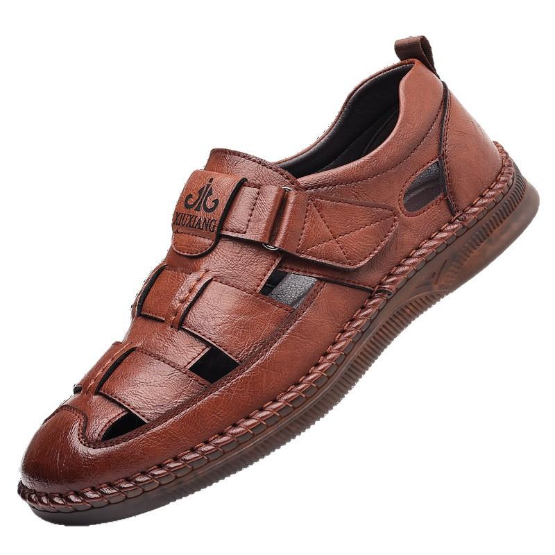 2025 Summer Hollow Cool Leather Shoes Men's Casual Breathable Soft Bottom Soft Surface Hole Shoes Middle-aged and Elderly Sandals