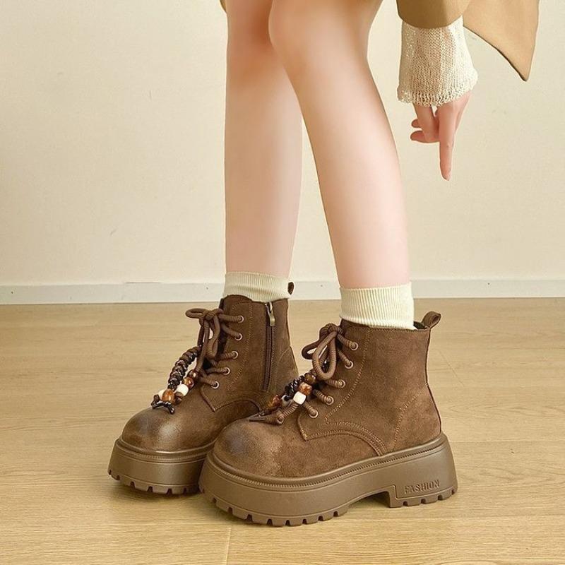 

Retro thick-soled heightening Martin boots women s autumn new fashion Maillard slim short boots locomotive rhubarb boots 35 кофейный