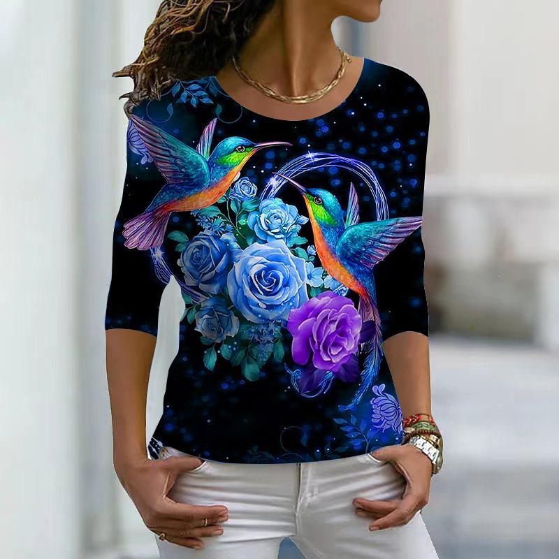 

Женские осенние топы, свободные, с принтом роз и птиц, повседневные футболки с длинными рукавами, топы и блузки XS розовый