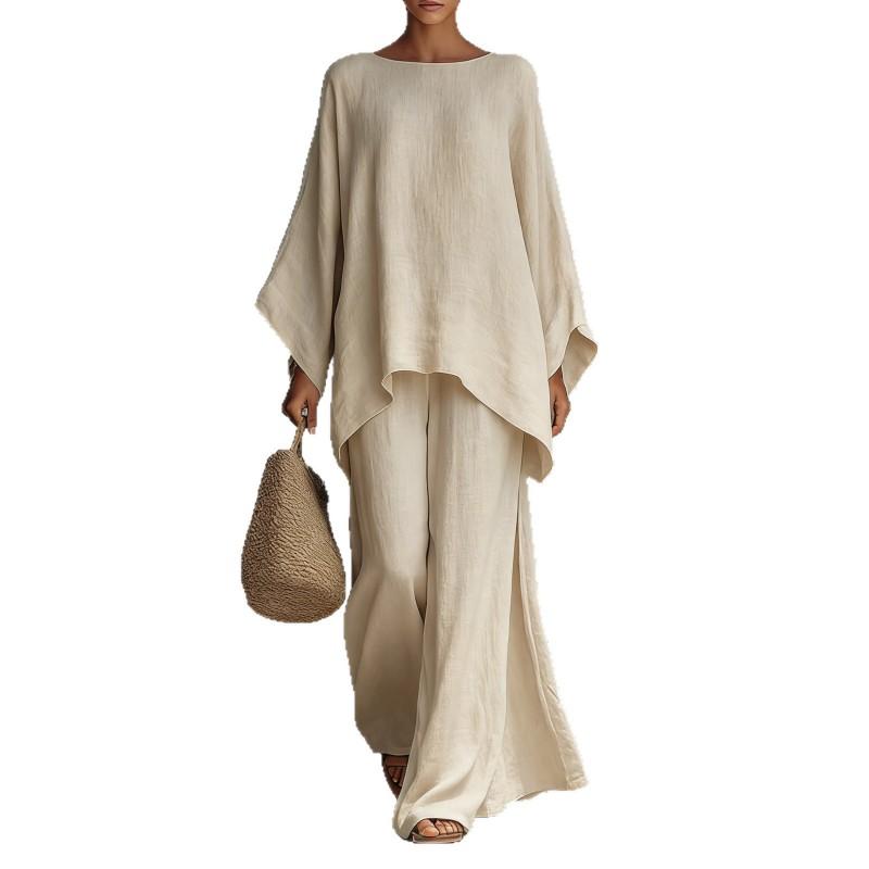 Womens Elegant Loose Fit Solid Color Linen Blend Shirt Wide Leg Pants Set 2026