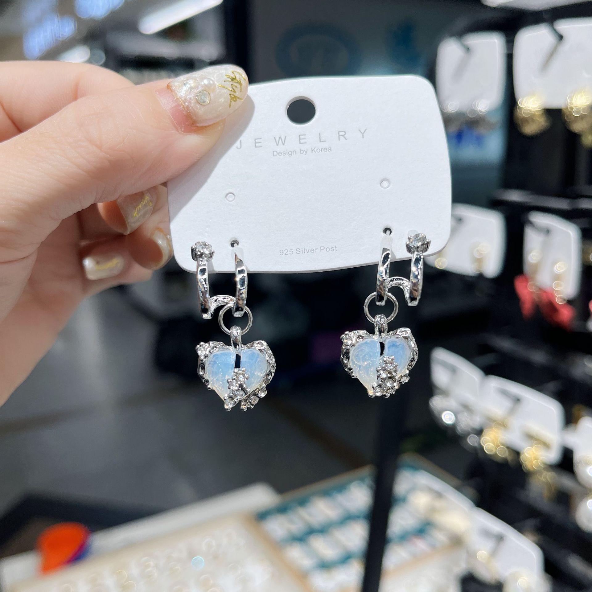 Корейская мода Серьги-пусеты с лунным камнем в форме сердца любви Женские винтажные роскошные серьги-пусеты