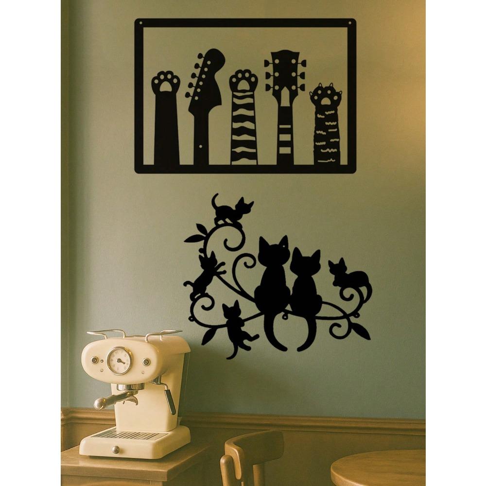 Vintage Guitar & Cat Metal Wall Art Decor Set, Two-Piece Sculpture for Modern Home Accent, Living Room, Bedroom, Waterproof Rustproof Iron Art