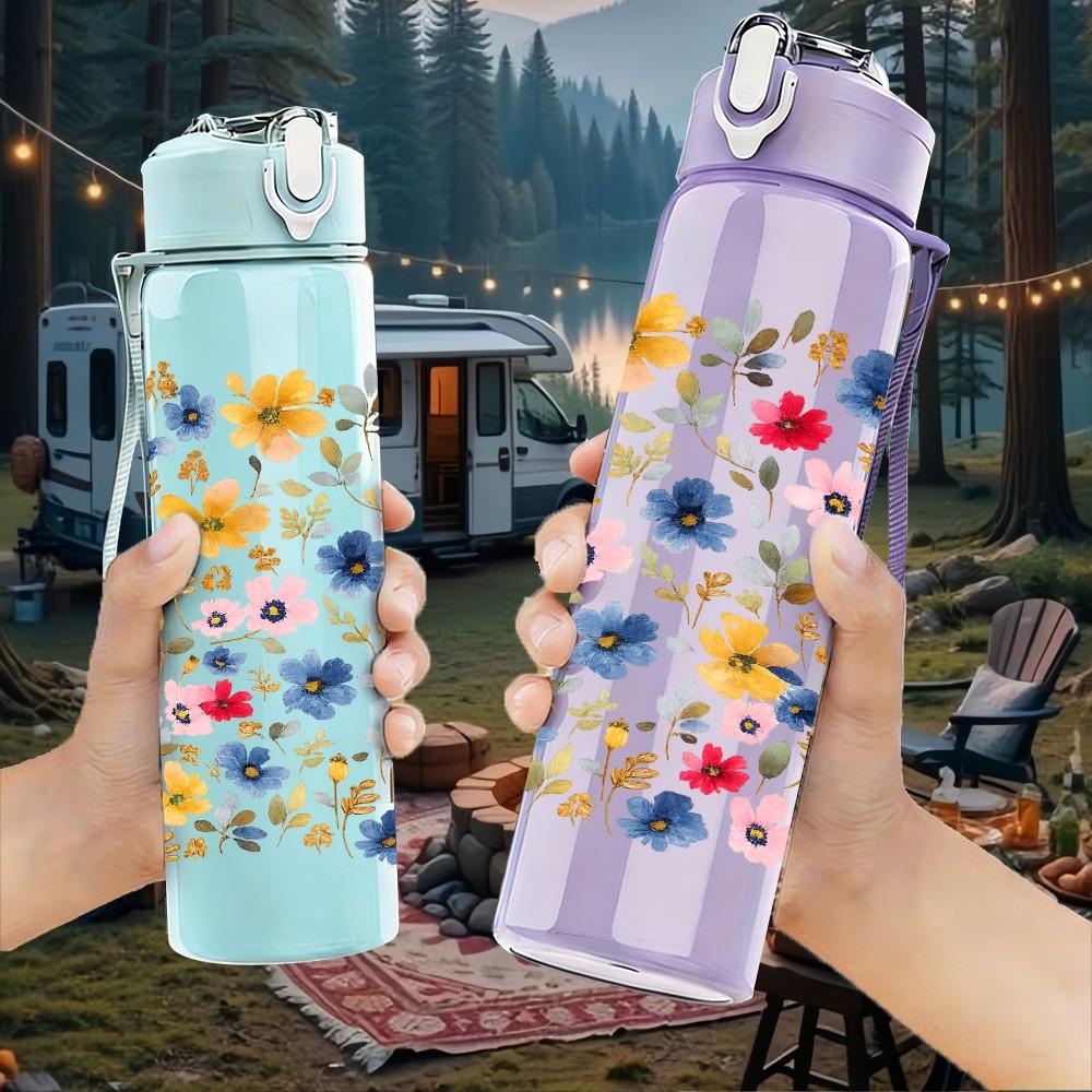 1PC Ditsy Summer Blossom 750ml Color Plastic Sports Water Bottle Leakproof Flip Straw Lid Suitable for Sports Office Home Use