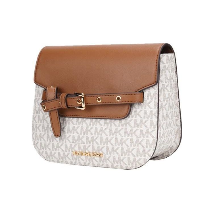 Michael Kors Mk Emilia Classic Monogram Leather Saddle Bag Women Shoulder Bag Dark-Brown White 35S2GU5C1B-VANILLA
