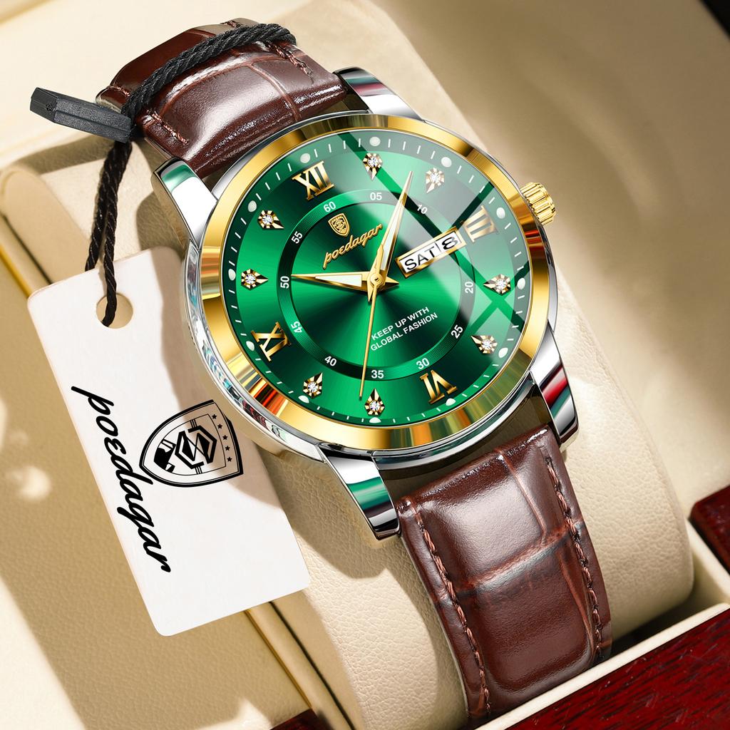POEDAGAR Top Trendy Original Male Watches Waterproof Luminous Leather Fashion Man Watch Date Week Men's Quartz Wristwatch Reloj