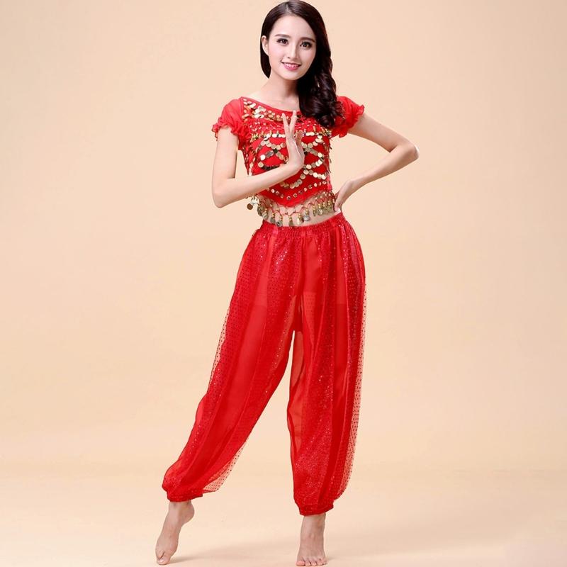 2Pieces Belly Dance Costume Set Coins Top Lantern Pants Set Halloween Costume Belly Dance Outfits for Dress Up Party