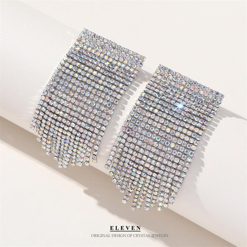 S925 Silver Needle Rhinestone Tassel Earrings - Exquisite Long Claw Chain with Colored Diamonds, European & American Style