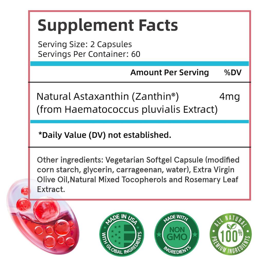 Astaxanthin dietary supplement, eye-protecting formula, 120 vegetarian softgels to support eye health.