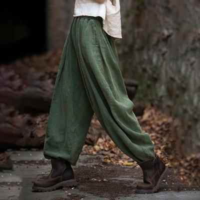 Women Chinese Style Bloomers Pants Elastic Waist Autumn Linen Trouser Solid Color Patchwork Pockets Pants