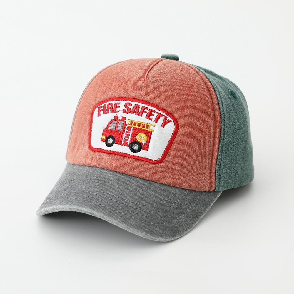 Fashion Hat Children's Color Matching Baseball Cap Fire Truck Embroidery Pattern Hat Boys Curved Edge Cap Breathable Sun Cap