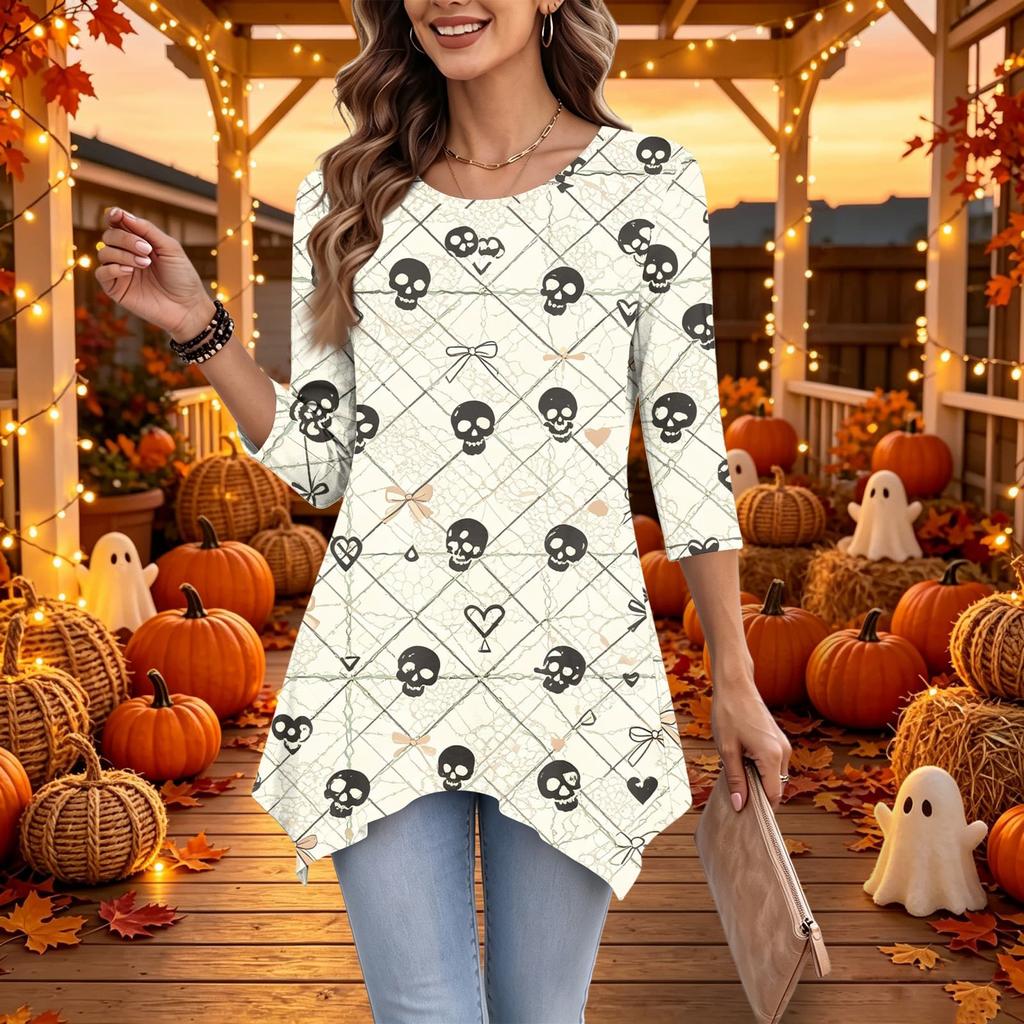 Women's Halloween Print 3/4 Sleeve Loose Fit Casual Top – Fun Holiday Party Tunic Blouse