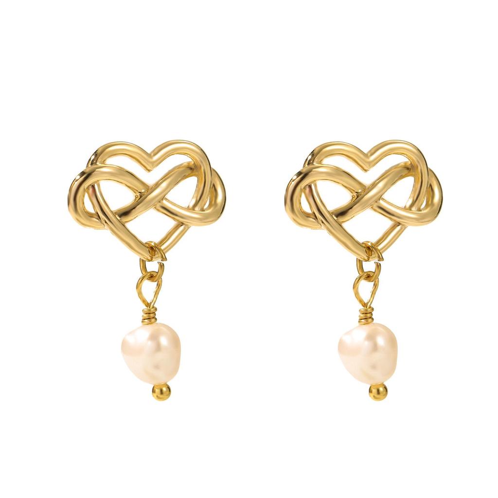 Intertwined Heart & Faux Pearl Stud Earrings for Women, 304 Stainless Steel
