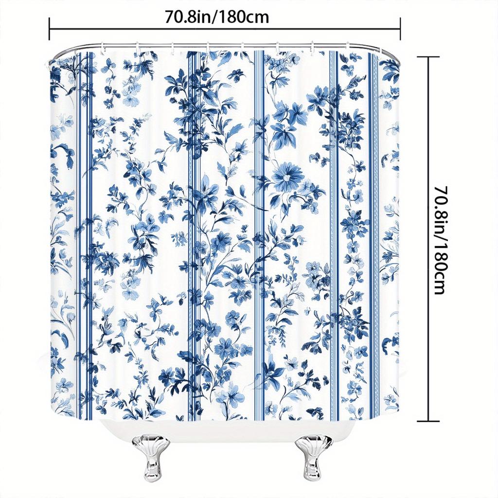 Blauer Blumiger Duschvorhang - Elegante Hohe Blumen, Traditionelles Blau-Weißes Porzellan-Design, Maschinenwaschbares Polyester