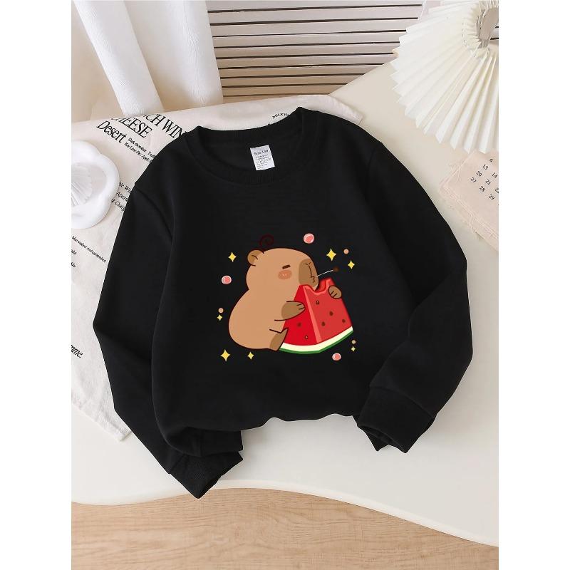 European Sizes Kids' Crewneck Sweatshirt - Cute Bear Eating Watermelon Slice , Sportswear And Casual Wear, Soft And Comfortable, Children's Clothing