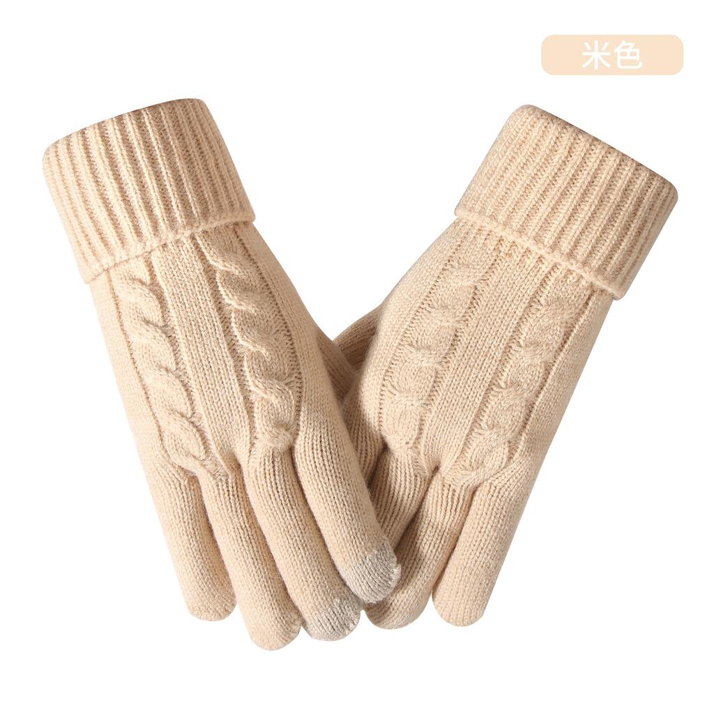 Warm knitted gloves women's winter cycling office simple cold-proof double-layer touch screen gloves