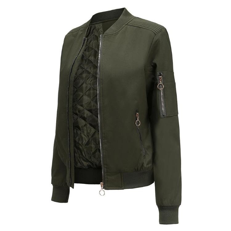 Bomber Jacket Women Thin Casual Zipper Long Sleeves Side Pockets Autumn Spring Outer Wear