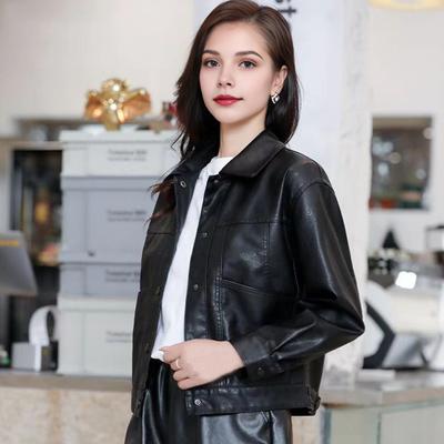 Women Jacket Faux Leather Smooth Surface Turn-down Collar Single-breasted Long Sleeves Pockets Retro Motorcycle Coat Office Commuting Travel Outerwear