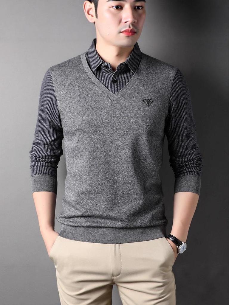 Herren Fleecegefüttertes Zweiteiliges Gestreiftes Revers T-Shirt für Herbst & Winter