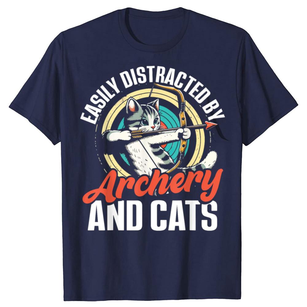 Funny Easily Distracted By Archery And Cats T Shirts Men Cotton Humor Streetwear Tee Shirt Short Sleeve Unisex Loose Clothing