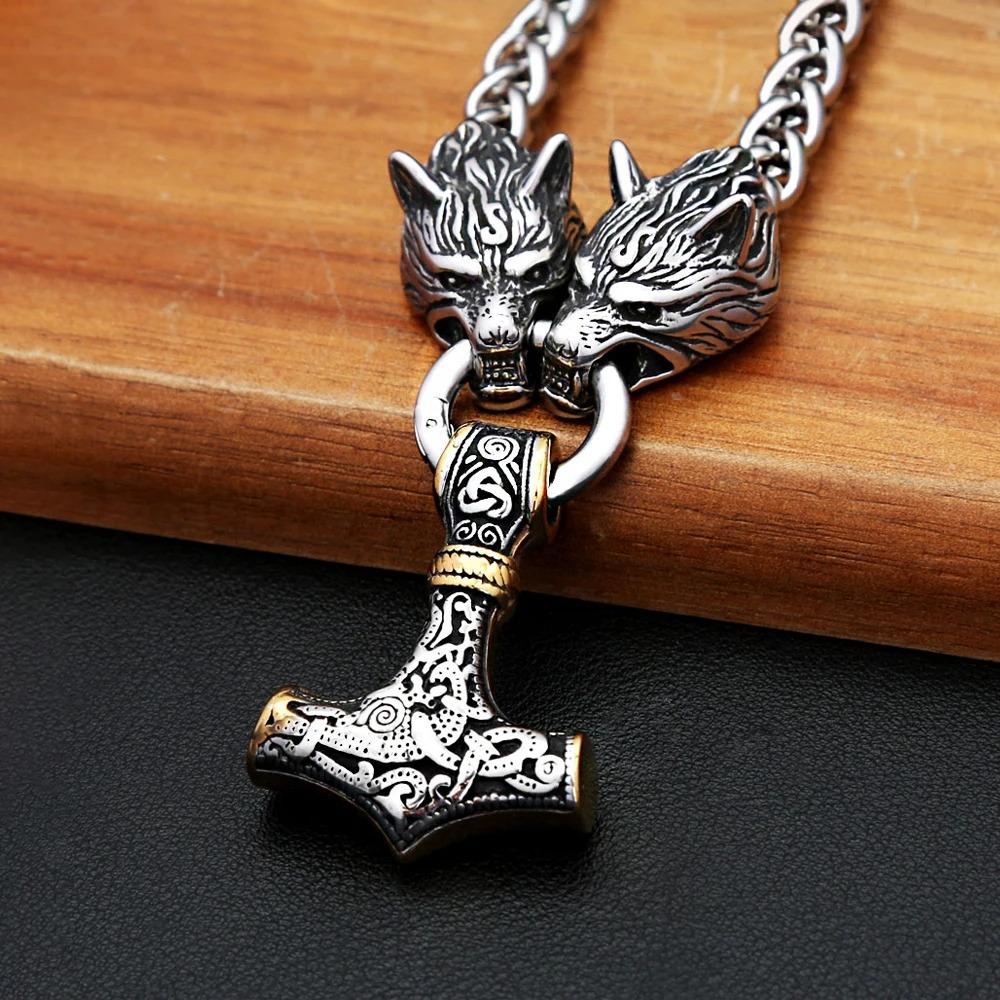 Thor's Hammer Pendant Men's Necklace Domineering Tide Stainless Steel Wolf Head Necklace Jewelry